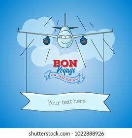 Card template with plane graphic illustration on blue sky background with banner for text and logo bon voyage