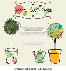 Card template with potted tree and place for the text. Hand drawn vector illustration.
