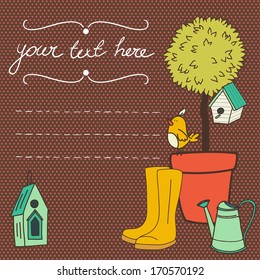 Card template with potted tree, watering can, bird, birdhouse, rubber boots and place for the text. Hand drawn vector illustration on polka dot background.