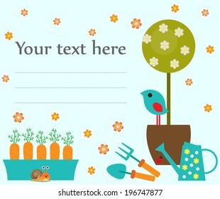 Card template with potted tree, watering can, bird and place for the text. Hand drawn vector illustration.