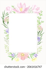 Card template with rectangular floral frame. Wedding invitation, postcard, poster, flyer with flowers in pastel colors vector illustration