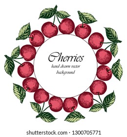 Card template with red cherries and leaves. Hand drawn vector background.