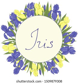 Card template round with blue and yellow iris flower with lettering vector illustration