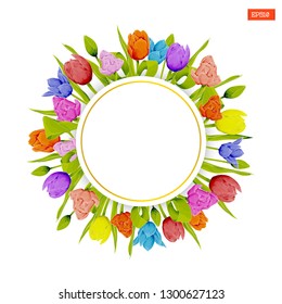 Card template in the round frame of multicolored tulips with leaves in watercolor style on a white background. Vector illustration