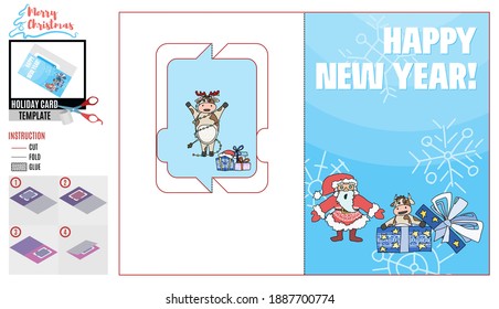 card template with santa claus and bull in a box. vector doodle cows