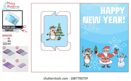 card template with santa claus snowman and christmas tree. vector doodle