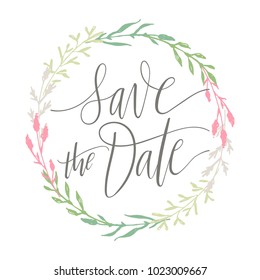 Card template with Save The Date calligraphy in delicate floral garland background illustration. Romantic nature elements in trendy pretty colors. Simple wedding invitation. Modern festive design.