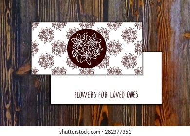 Card template with seamless pattern and floral element with lilies on wooden background. Suitable for floral shops. wedding designs, web and print