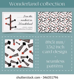 Card Template and Seamless Pattern from Wonderland. Print Ready Vector Illustration for Graphic Projects, Parties and the Internet. 