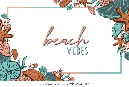 Card template with seashells, corals, seaweed and  starfish. Banner, flyer, poster for advertising or free design.