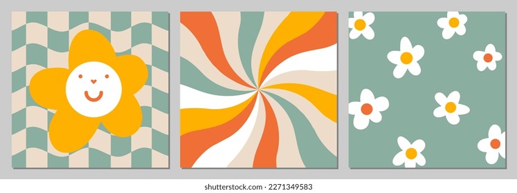 Card template set. Daisy Flowers on Checkered background, Trippy Grid, Wavy, Smile. Hippie and 1970 concept. Bright psychedelic background with orange, pink and yellow colors