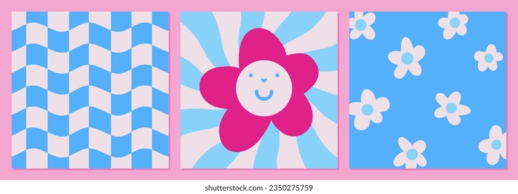 Card template set. Daisy Flowers, Checkered Pattern, Trippy Grid, Wavy, Smile. Hippie and 1970 concept. Bright psychedelic background with pink and blue colors.