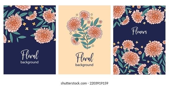 Plantilla de tarjeta con flores y hojas de peones rosas. Concepto de decoración de bodas. Afiche floral, invitación. Tarjeta de bienvenida decorativa vectorial o diseño de fondo de invitación