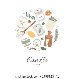 Card template with soy wax candles illustrations, vector banner with copy space, round composition, various scented candles, hand drawn modern illustration