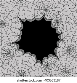 Card template with spiders web, seamless background. Halloween vector pattern