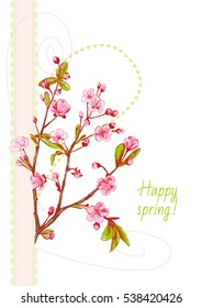 Card template with spring blossom (cherry, plum, almonds), branch with pink flowers, leaves, buds, hand draw sketch on white background, vector illustration, Valentine