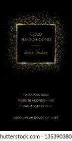 Card template with square frame of gold particles and text in the center and down. Suitable for banner, flyer, brochure, invitation or business card, for advertising, postcard or cover.