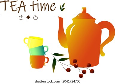 Card template with teapot and cups. Illustration for the tea party. Vector illustration with place for text. For use in invitations, flyers, menus, tea shops, covers and prints.