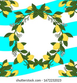 Card template with text. Tropical citrus lemon fruits frame on vintage turquoise blue linear background.