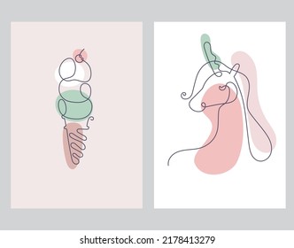 Card Template with Unicorn and Ice Cream. One Line Drawing, Simple Linear Style. Continuous Line Drawing. Open path, Editable Stroke
