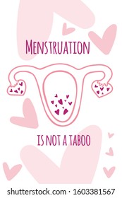 Card Template With Vagina, Hearts And Lettering Menstruation Is Not A Taboo. Print For Greeting Card And Poster Isolated On White Background. Feminism, Period Concept. Flat. Vector Stock Illustration.