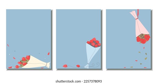 card template for Valentine's Day, lovers, bouquets of flowers, flat style, ironic