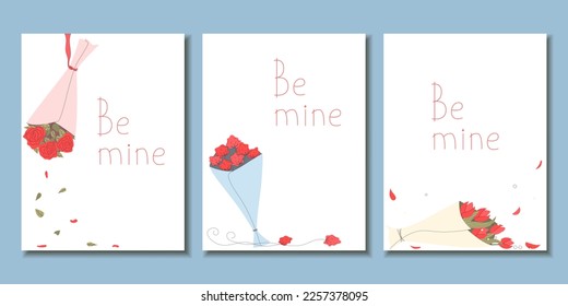 card template for Valentine's Day, lovers, bouquets of flowers, flat style, ironic, sign be mine