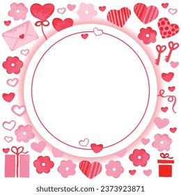 Card template for Valentine's day - a lot of pink and red hearts, flower, gift boxes in flat style with space for text on white background. Symbol of love. Vector illustration.