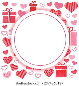 Plantilla de tarjeta para el día de San Valentín con espacio para texto - muchos corazones rosados y rojos, cajas de regalo de estilo plano sobre fondo blanco. Símbolo de amor. Ilustración vectorial.