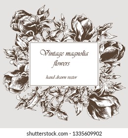 Card template with vintage magnolia flowers.  Hand drawn vector on beige background.