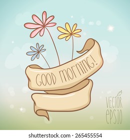 Card template with vintage ribbon with flowers.