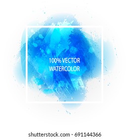 Card template with watercolor brush strokes, blots on white background. Acrylic stroke paint, blue ink drops abstract texture background 