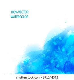 Card template with watercolor brush strokes, blots on white background. Acrylic stroke paint, blue ink drops abstract texture background 