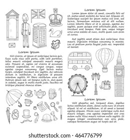 Card template with Welcome to Great Britain hand drawn icons including, crown, teapot, bus and others. Doodle vector United Kingdom related collection