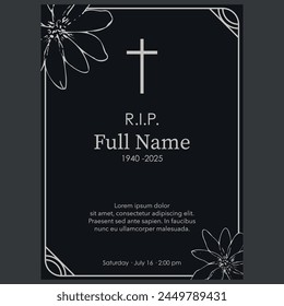 Card template with white flowers and cross over black background