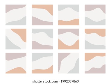 Card templates with abstract organic shapes for social media stories, posts, mobile apps. Square backgrounds with copy space for text, pastel colors. Trendy blog design vector Illustrations.