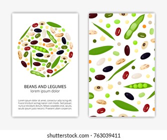 Card templates with cartoon colorful beans and legumes. Used clipping mask.