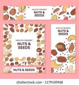 Card templates with cartoon colorful nuts and seeds. Set of AD-cards (banners, tags, package) with cartoon nuts - hazelnut, almond, pistachio, pecan, cashew, brazil nut, walnut, peanut, sunflower seed