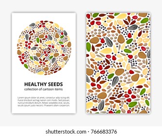 Card templates with cartoon colorful seeds. Used clipping mask.