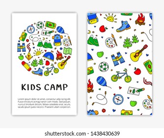 Card templates with colored doodle kids camp and outdoor icons. Used clipping mask.