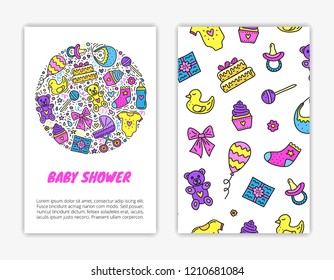 Card templates with colored doodles for baby shower. Used clipping mask.