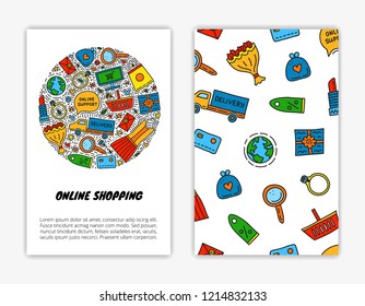 Card templates with colored e-commerce shopping doodles. Used clipping mask.