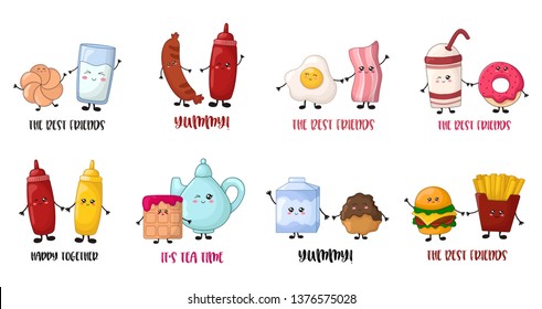Card templates with coples of cartoon kawaii food characters - bun and milk, egg and bacon, coffe and donut on white background, cute characters. Vector flat illustration