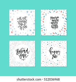 Card templates with decorations and hand lettering quotes for Christmas or New Year.
