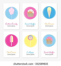 Card templates with desserts. Ice cream, sweet muffin, cotton candy, lollipop.