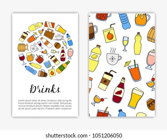 Card templates with different doodle colorful liquid drinks. Used clipping mask.