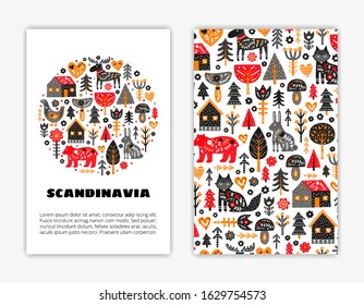 Card templates with doodle animals, trees, houses, flowers, mushrooms and Nordic ornaments in Scandinavian folk art style. Used clipping mask.