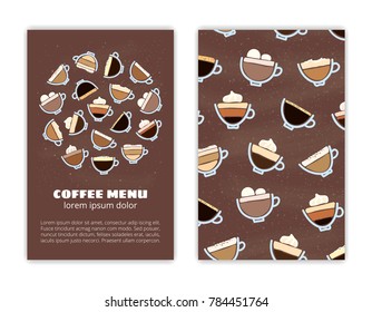 Card templates with doodle coffee drinks. Used clipping mask.