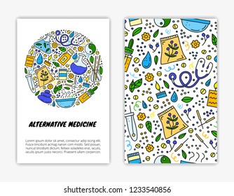 Card templates with doodle colored alternative medicine and ayurveda icons. Used clipping mask.