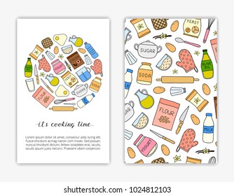 Card templates with doodle colored baking ingredients. Used clipping mask.